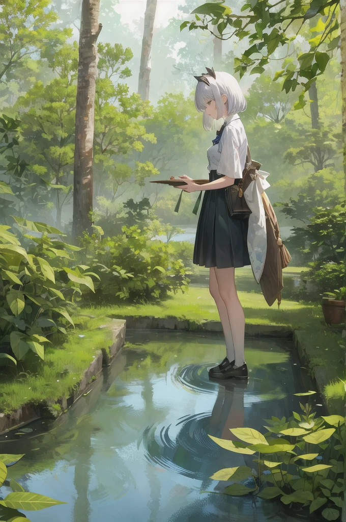 "A quiet forest atmosphere with dense green foliage. Tall trees with thick canopies filter sunlight, creating mottled shadows on the forest floor. A clear pond in the foreground reflects the trees and sky, creates a serene mirror effect. Delicate white flowers and various plants grow at the water's edge. In the background, a white modern building with large windows partially hidden by trees, blend harmoniously with the natural environment. The overall atmosphere is very peaceful and refreshing, capturing the beauty and serenity of nature."