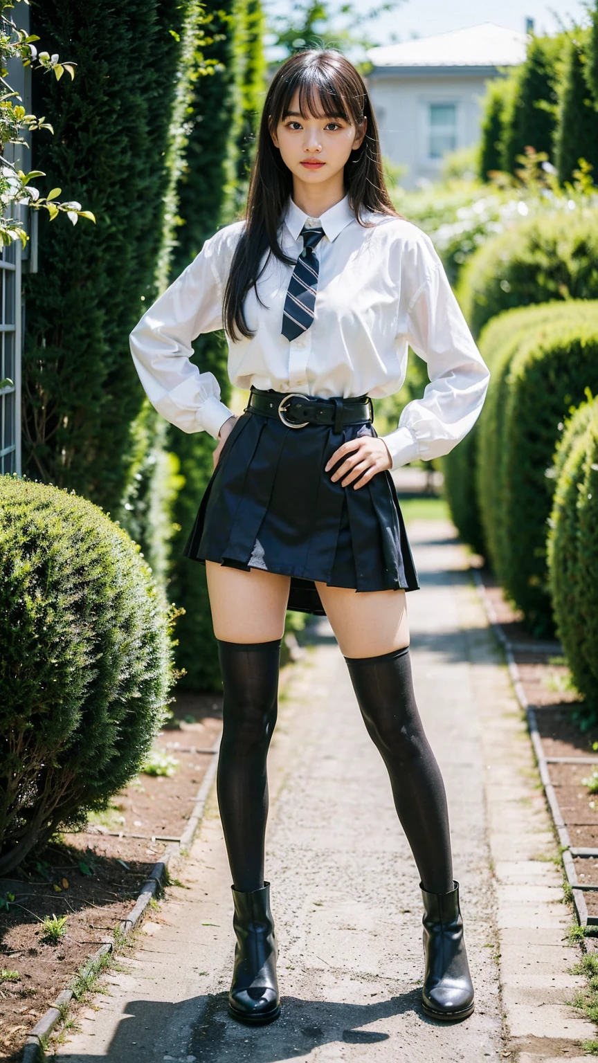 (8k、RAW Photos、Highest quality、masterpiece:1.2)、(Realistic、Realistic)、1 girl、((mini skirt、blackのスーツ、black、Thin legs、whole body、boots、one piece、tights、garden、View from the front、Looking into the camera、belt、Stand with hands on hips))、cute