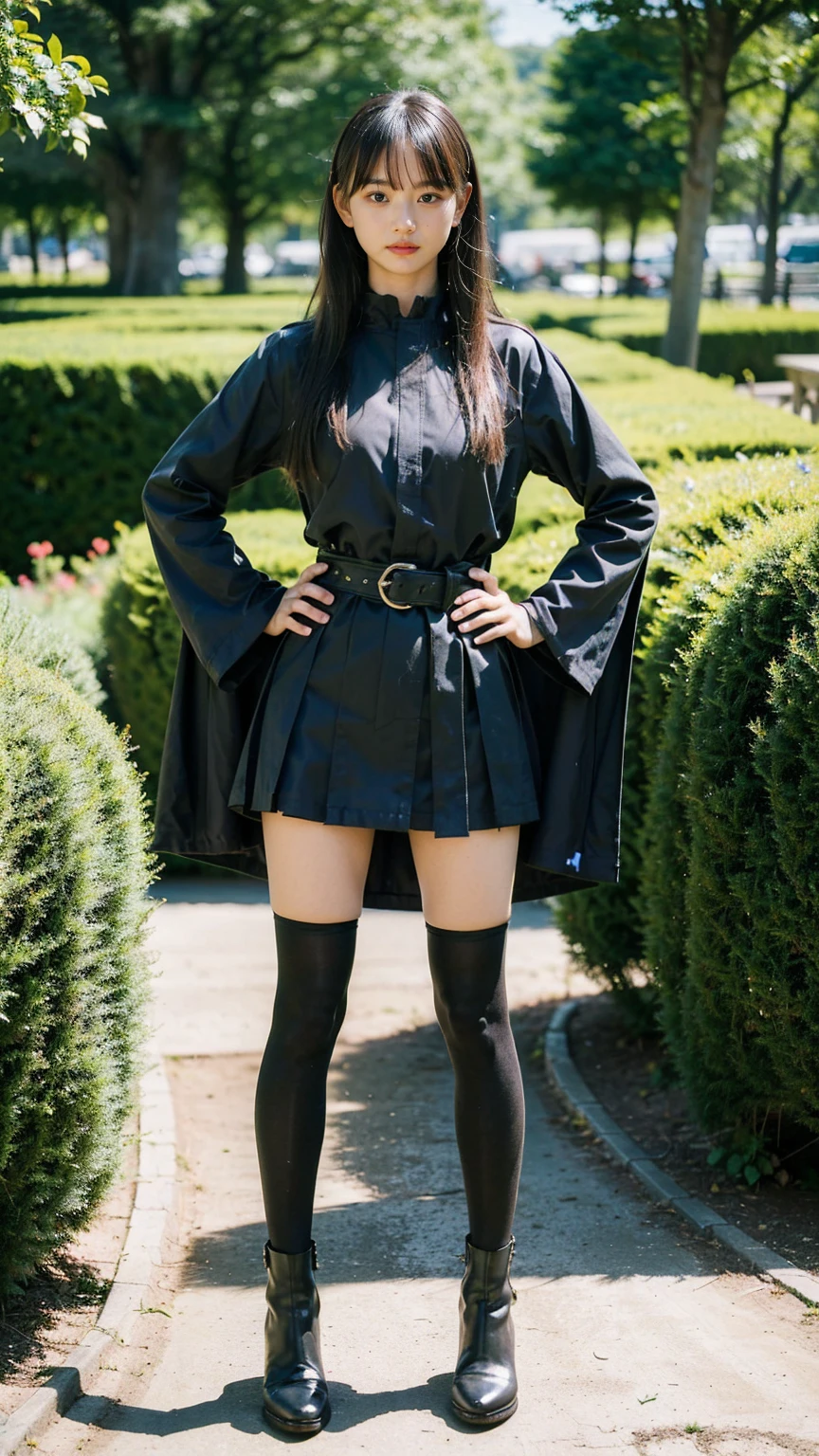(8k、RAW Photos、Highest quality、masterpiece:1.2)、(Realistic、Realistic)、1 girl、((mini skirt、blackのスーツ、black、Thin legs、whole body、boots、one piece、tights、garden、View from the front、Looking into the camera、belt、Stand with hands on hips))、cute