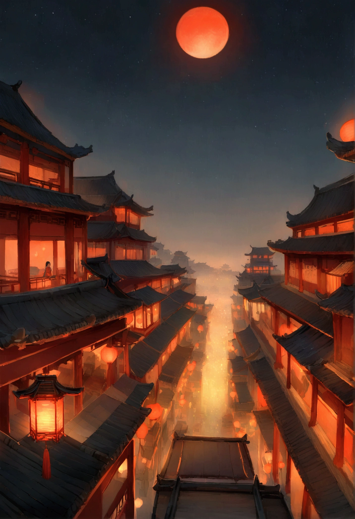 View of the sky, ancient chinese city, historic city, Chinese ancient infrastructure, evening, Firefly, red lantern, Poor visibility, stars in the sky, Sauces, 16k, ultra high definition, ultra detailed, Ultra mesmerising, solemn atmosphere 