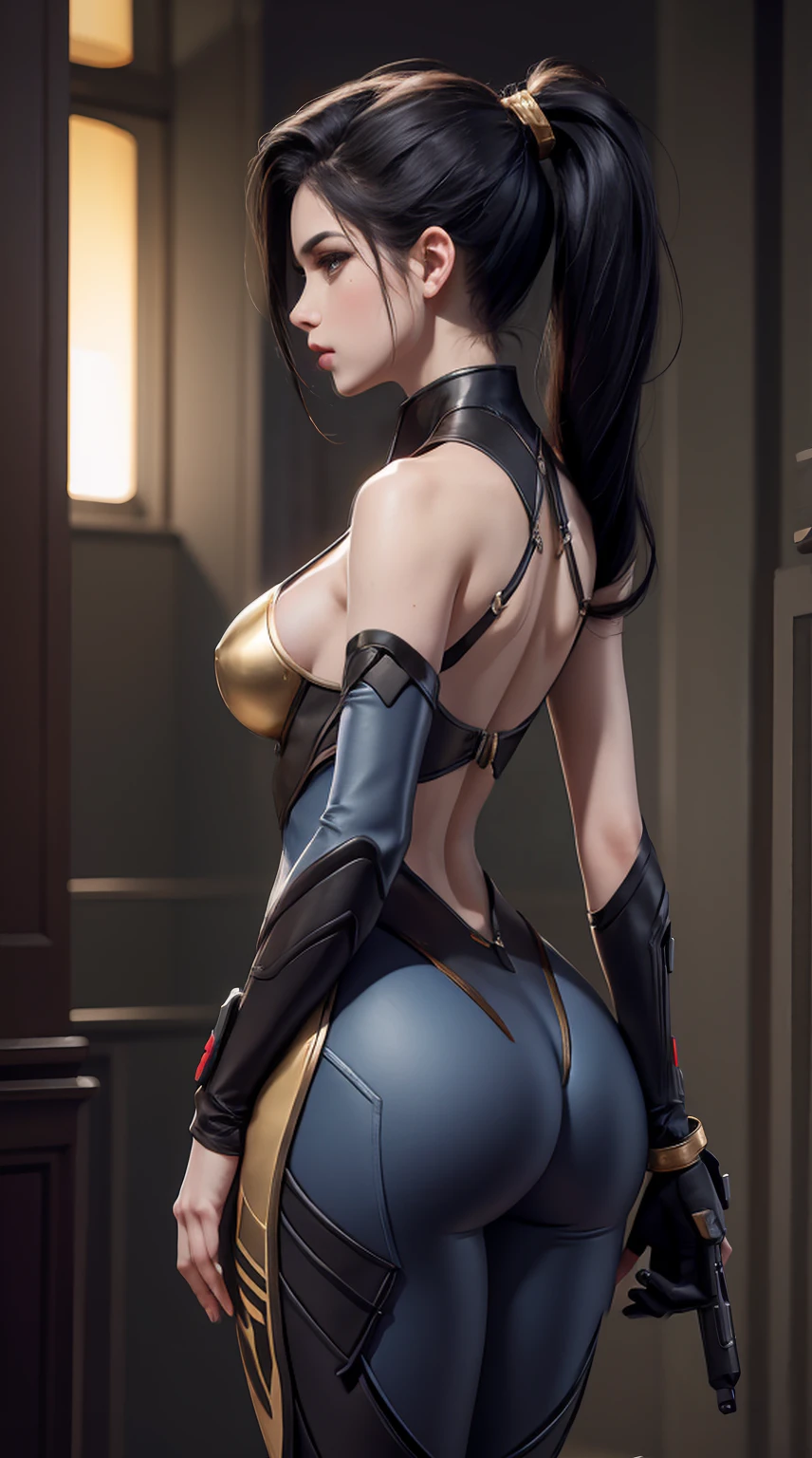 Widowmaker (Overwatch), back view, big ass, perfect breast, beautiful, sexy, slim, cute, highly detailed, deep focused image, realistic full-lenght photo, sexy gold and black jumpsuit