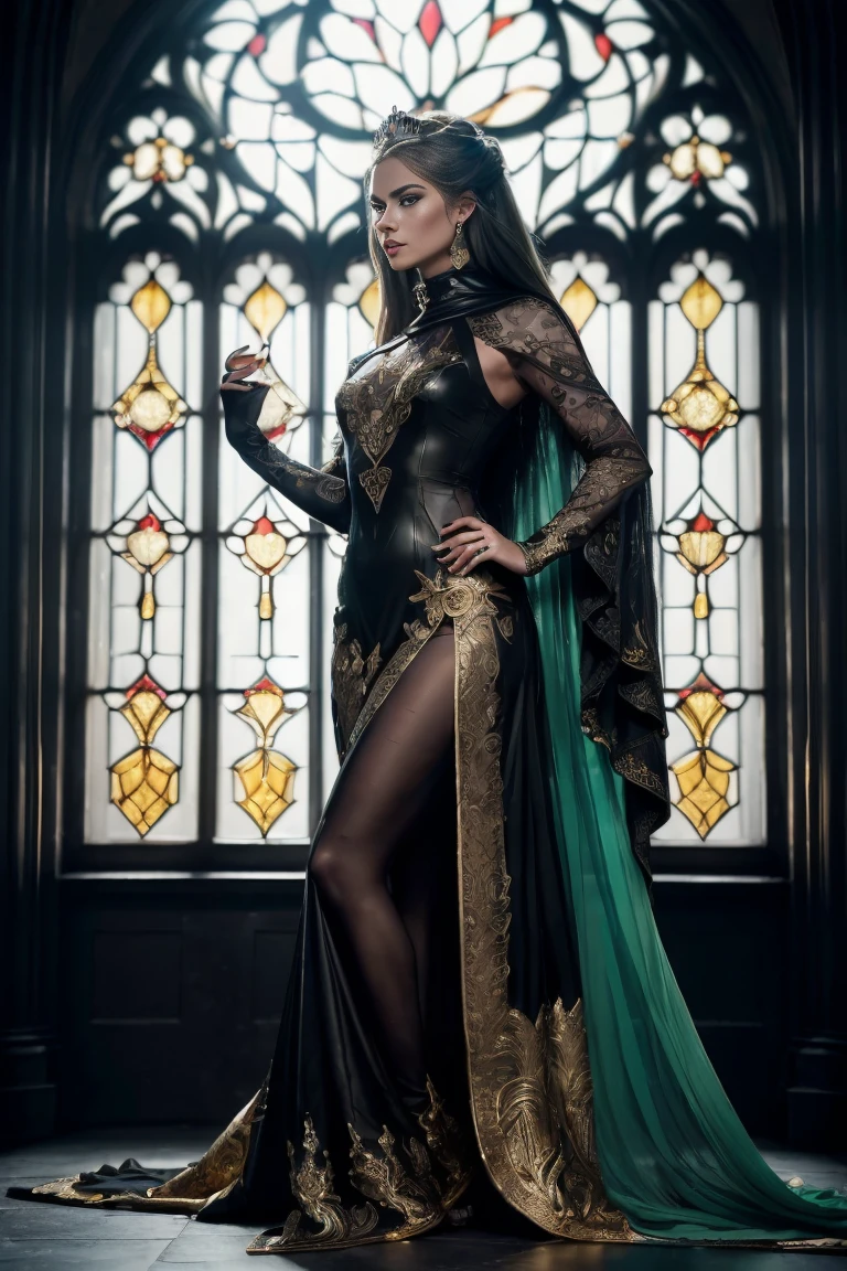 full body silhouette, (masterpiece, Highest quality, A delicate queen of metal and art, Robbery and brilliance, Mischief and power, The throne of boldness and beauty, High ceilings, Gray stone walls and intricate gold decoration,  Light coming through the gable window of the black steel roof, dark, Cold but bold, Green vertical flag with a lion&#39;s head and wings, Super detailed, Realistic, Beautiful young woman of 28 years old, Australian woman ((Very long blonde hair, Hair tendrils, High updo)),  ((Dressed in an elegant black dress)), Intense design style, Royal Sceptile with a giant single pearl,   Big huge natural saggy tits, Semi-toned torso and abdomen, Perfect Face, Beautiful Face, Charm, ((Big and beautiful eyes)), Long legs, Semi-mushy meat, Captivating smile, Glamorous Body, (fresh air),  Bright colors, Seductive pose, Super detailed, Castillo, cave