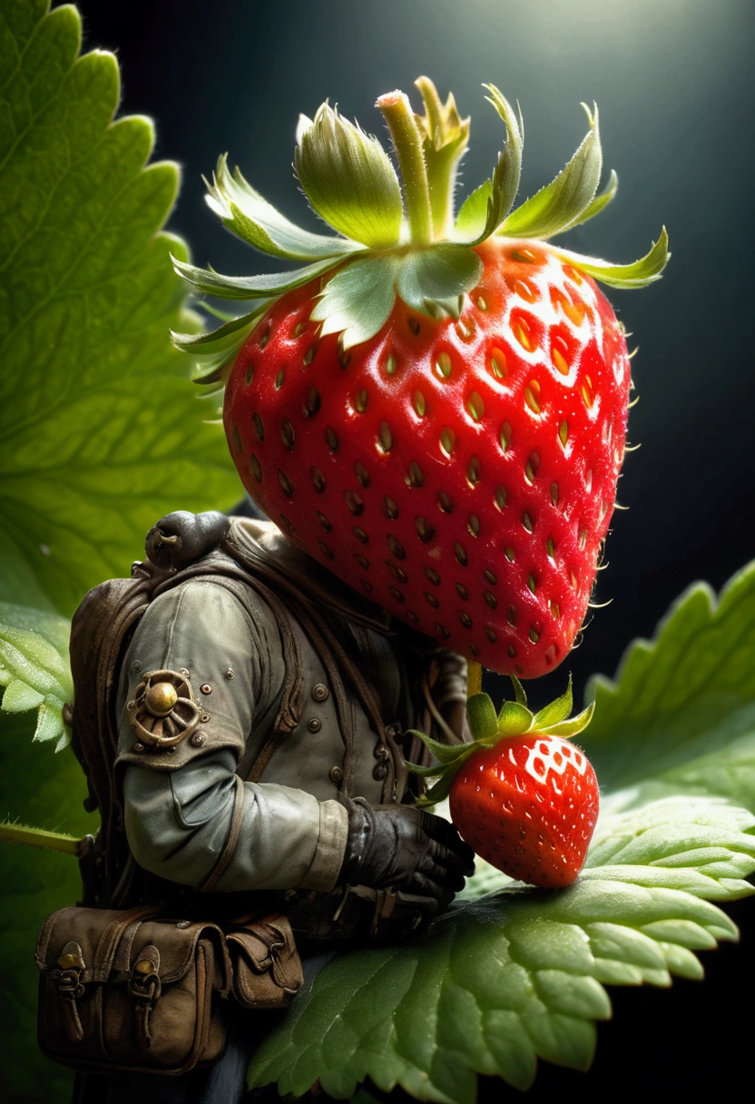 A Strawberry, by Jean-Baptiste Monge, cinematic still, chiaroscuro, dynamic, (best quality, masterpiece, photorealistic), very aesthetic, perfect composition, intricate details, ultra-detailed, vivid colors