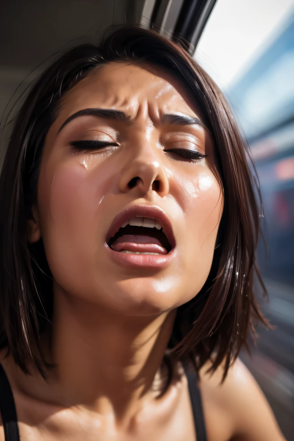 One Girl,Flying debris,,Award-winning photography, Very detailed, Edge Orgasm,Face Focus, (Woman with open mouth and closed eyes ), 30 years old、Black Hair、Glowing Skin、Face close-up,From below、Realistic nostrils、Long and narrow nasal cavity,、train、(Inside the train)、congestion、Are standing、((suit))、Big Breasts、tears、Crying face、Screaming expression,Sweaty、Sweaty skin,The body is slim,