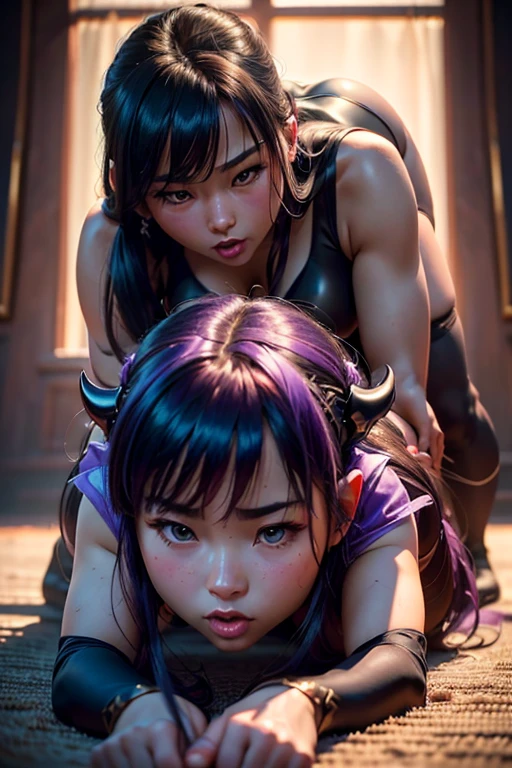 2girls, olian girls, dark purple leotards, sex,nsual, intimate, dynamic poses, on all fours, moaning, (best quality, 4k, 8k, highres, masterpiece:1.2), ultra-detailed, (realistic, photorealistic, photo-realistic:1.37), vibrant colors, soft lighting, romantic atmosphere