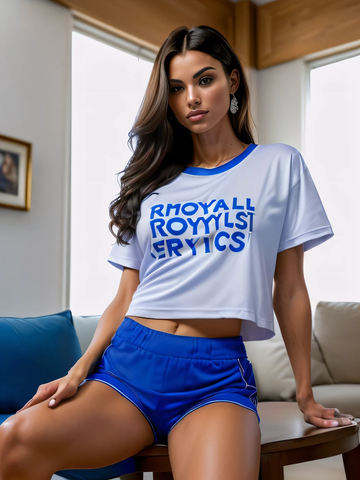 In the center of a cozy living room, a beautiful 45-year-old woman with tanned white skin stands confidently on a rug with her arms crossed, holding a Wii remote, wearing (((short royal blue shorts))), wearing ((((royal blue tight)))), short royal blu shorts) and a ((((royal blue t-shirt))), tanned skin, (royal blue t-shirt and shorts, lunging toward the camera :4, wearing athletic attire, full-length shot, red shirt. She is wearing a vibrant white t-shirt that proudly displays "Orlando Florida" in white letters and matching red shorts. Her posture suggests that she is comfortable and at ease in this space. Behind her, a wooden coffee table holds a few items, including a book and a remote control, suggesting the leisure time spent here. The room exudes warmth with its beige walls and furniture that includes a sofa and a chair. Fitness model, gym woman, photorealistic perfect body, she is 45 years old, photorealistic, photo, masterpiece, realistic, realism, high contrast, high definition detailed realistic, detailed, hyper detailed skin texture, realistic skin texture, best quality, ultra high resolution, high resolution, detailed, raw photo, sharpness, rich colors realistic texture hyper realistic dramatic lighting. (masterpiece, best quality, high resolution: 1.4), HD, photography, film, cinematic, realistic, (8k, RAW photo, best quality, masterpiece: 1.2), (realistic, photorealistic: 1.33), best quality, natural lighting, depth of field, sharp, detailed and realistic portrait of a woman, perfect mouth, perfect face.
Woman with tanned white skin and medium length dark brown hair. She is about 25 years old, 165 cm tall and weighs 56 kg, a masterpiece of art. Slender body, thin waist, very elaborate and perfect face. She has a perfect mouth, a perfect face, hyperrealism, highly crafted skin, perfect face. Sharp photo, high resolution, high quality, 16K photo. Highly realistic, high contrast, ((Masterpiece, best quality)), full body view, ultra realistic, close up