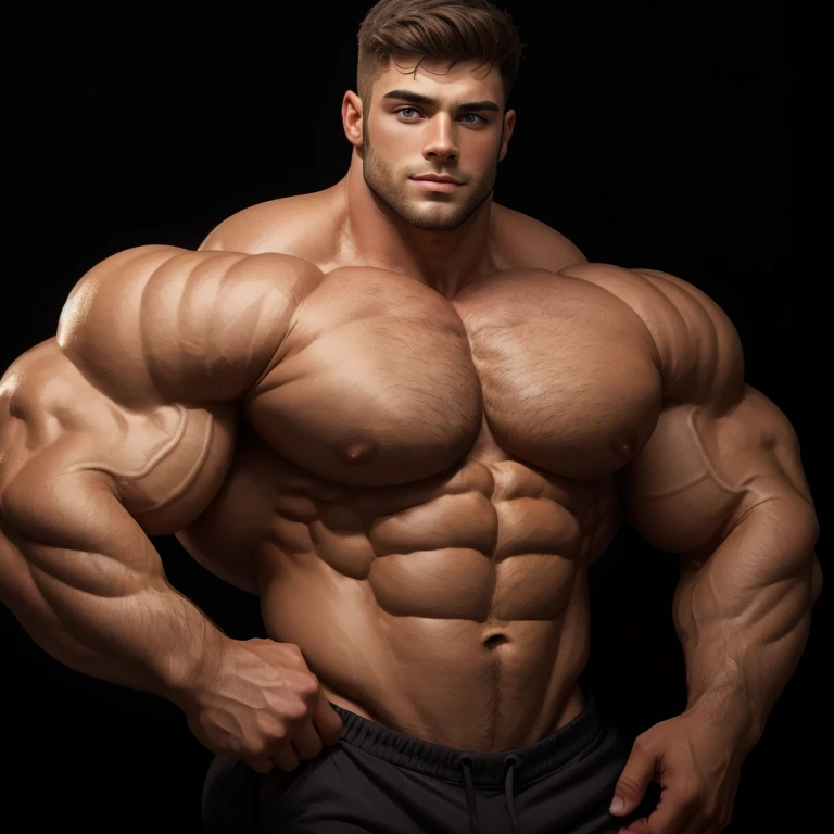 a very handsome young man, shirtless, extremely handsome, very muscular, with very large muscles, defined and muscular body, on a black background