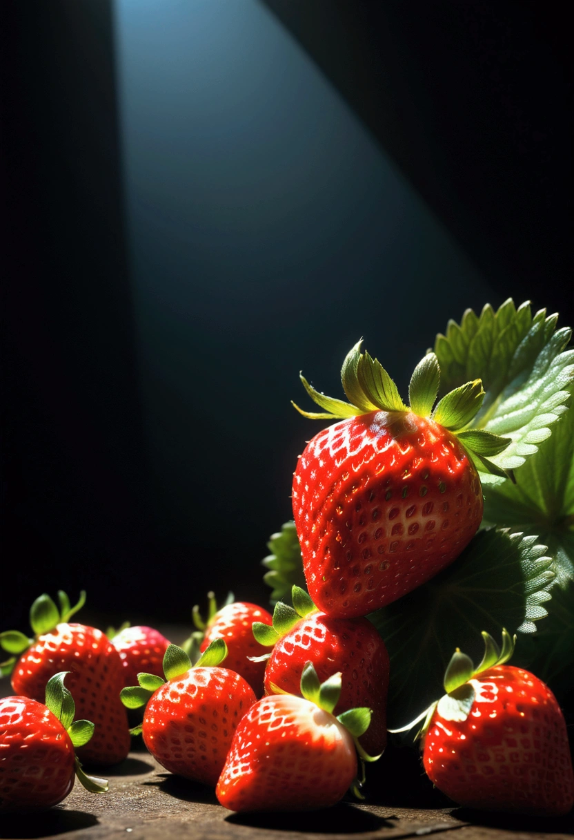 A Strawberry, by Miki Asai, cinematic still, chiaroscuro, dynamic, (best quality, masterpiece, photorealistic), very aesthetic, perfect composition, intricate details, ultra-detailed, vivid colors
