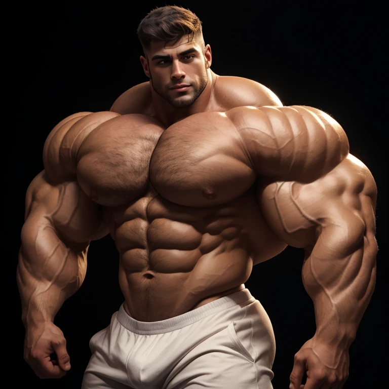 a very handsome, extremely beautiful, massively muscular young man, with massively large muscles, with massively large biceps, with massively large arms, shirtless, on a black background