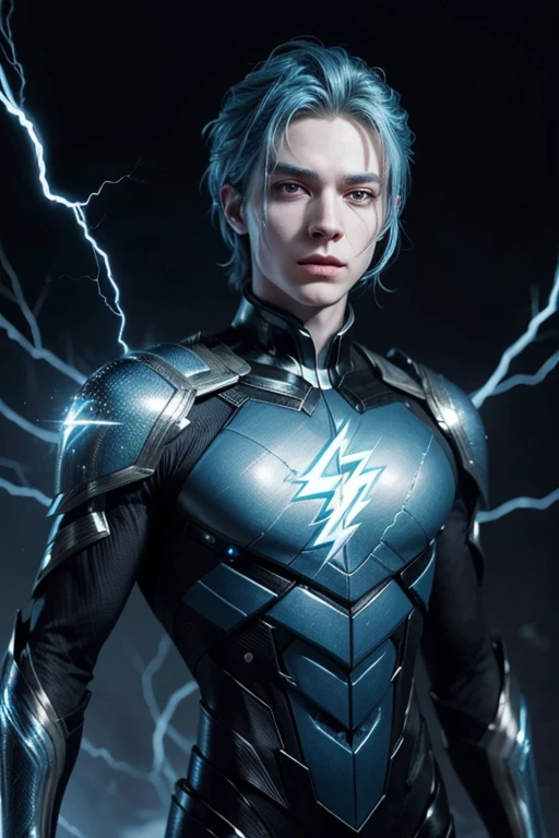 His appearance was a striking mix of handsome and unsettling, with vibrant blue hair and an aura of crystals surrounding him, emitting an air of chaotic elegance. His human features were marked by disturbing details: pale skin as white as snow, his eyes had a golden hue in the irises. Closer inspection revealed subtle, glowing runes that danced just above the surface, especially on his clothes, as if they were alive and pulsating with an internal energy, like black lightning. His armor covered his body completely, like a second skin.