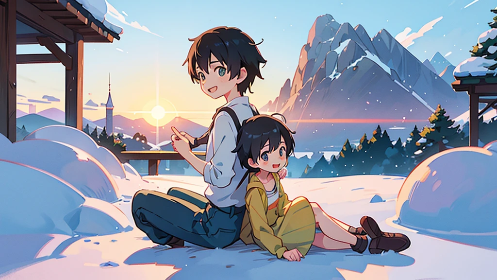 A boy and a girl sitting smiling happily with their backs turned in a village surrounded by mountains covered with white snow, scene developed in a town full of snow, an image of Makoto Shinkai, trend on pixiv, conceptual art, guweiz style artwork, Guweiz and Makoto Shinkai, Sakimichan and Makoto Shinkai, ( ( Makoto Shinkai ) ) beautiful anime scene. Kawaii Design, body details (ultra quality 4k) (many details) closeup of their faces and half body, details on hands and fingers, big smiles and eyes details of faces ultra details