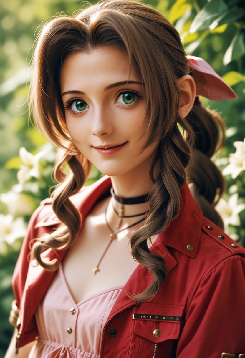 ((aerith gainsborough)),smile,cute,brown hair, braid, long hair, green eyes, hair ribbon, red jacket, cropped jacket, bow, choker, long pink dress up, pink bow, vista trasera