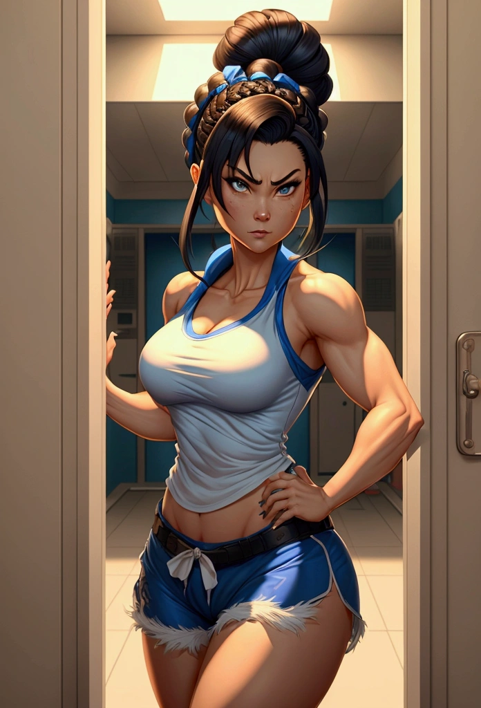 The character Chun-li from Street Fighters, inside a locker room, tired, noticed a large mirror in the corner of the room, dusty and covered in cracks. As he approached, he felt a chill run up his spine. Reflected in the mirror was not just her image, but a sinister figure behind her.".", her clothes blue shorts, a white tank top, her hair in two braids