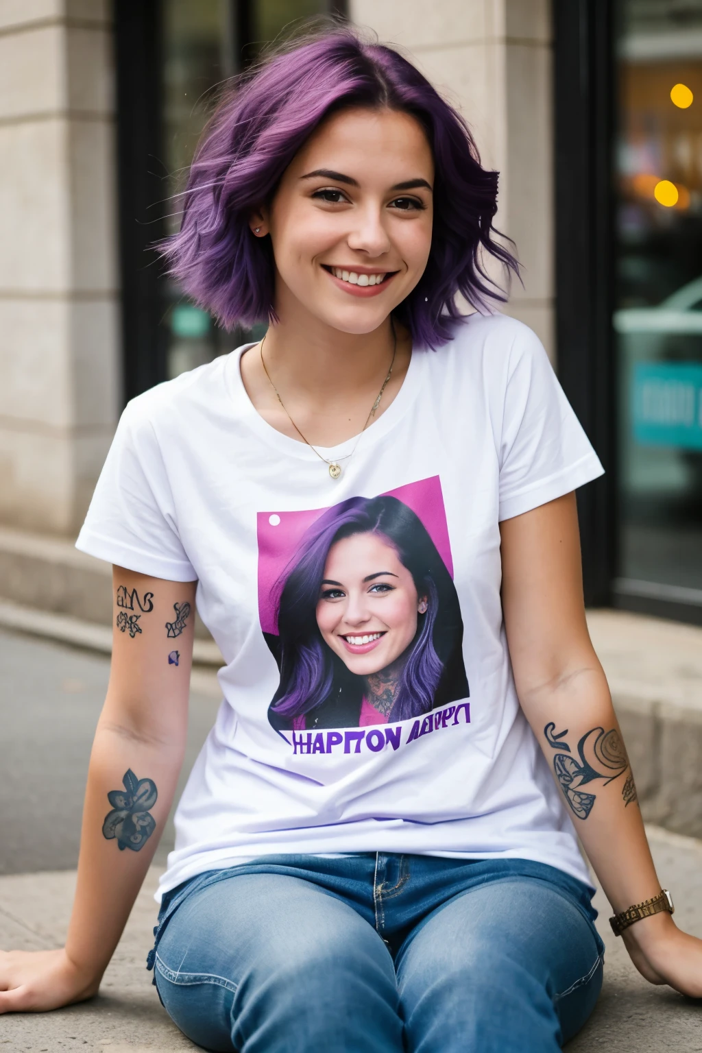 street photography: photo of a young woman with purple hair, smile, happy, cute t shirt, tattoos on her arms, Sitting in a 50&#39;s diner