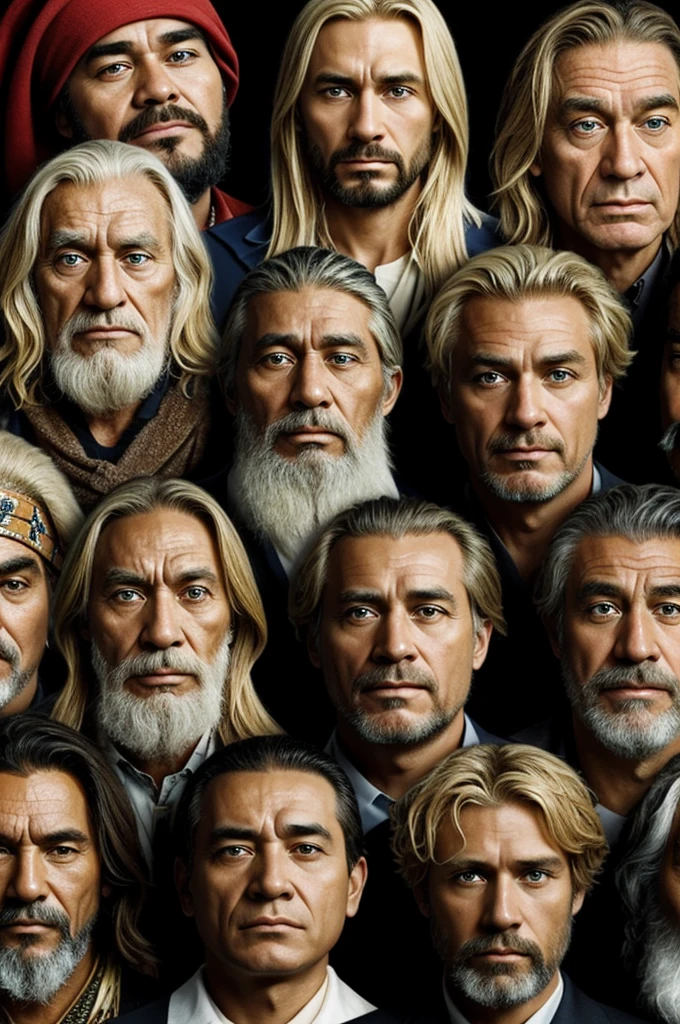 Create a random image of animated people where one is indigenous facial features, another crazy country, another who has the face of a wise man, another that looks like a penguin, another who looks like a homeless man and another who has blonde hair with paranoid and studious features