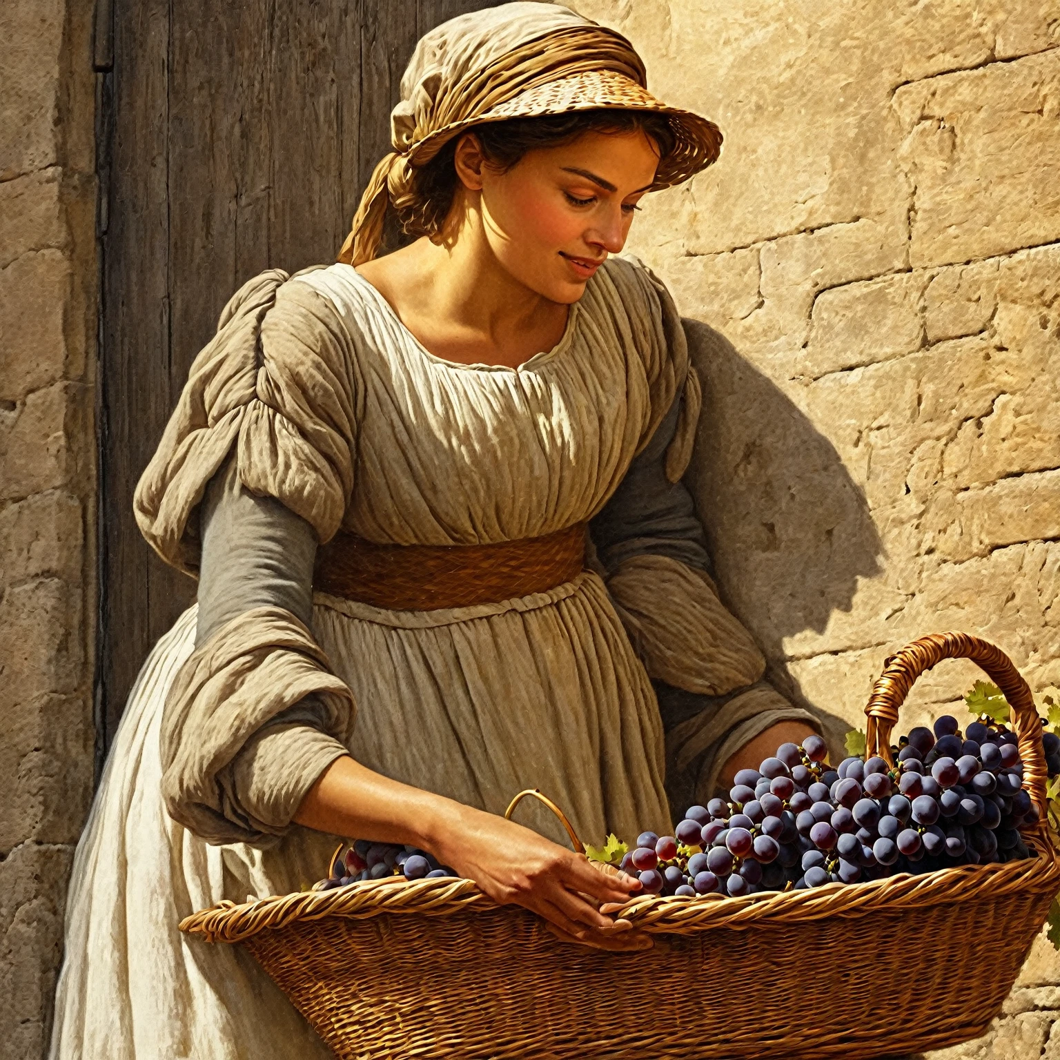 a street artist paints a peasant woman with a basket full of grapes, on one of the streets of Florence in 1524. historical reconstruction, digital painting, inspired by Michelangelo, old school classicism, recreation of the style of clothing and surroundings of the Renaissance era, masterful rendering of chiaroscuro, daylight, natural paints, Art on canvas, detail, intense look, Baroque digital painting, Beautiful intricate painting.
