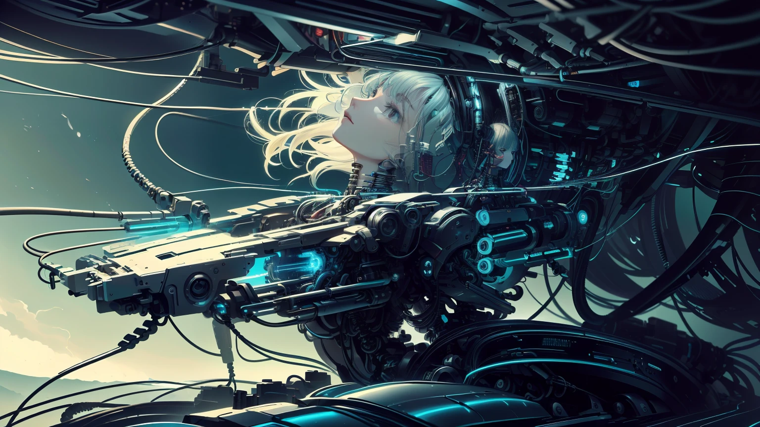 (((masterpiece))), ((((best quality)))), ((((Super detailed))), (Highly detailed CG illustrations), ((extremely delicate and beautiful face)),(Cute and delicate face ), Cinematic light, ((1 mechanical girl)), alone, whole body, (Machine made joints: 1.4), ((mechanical limbs)), (blood vessels connected to tubes), ((Mechanical vertebrae attached to the back)), ((Mechanical cervix attached to the neck)),((sitting)),express panic,(Wires and cables connected to the head and body: 1,5),(focus on character),Science fiction
