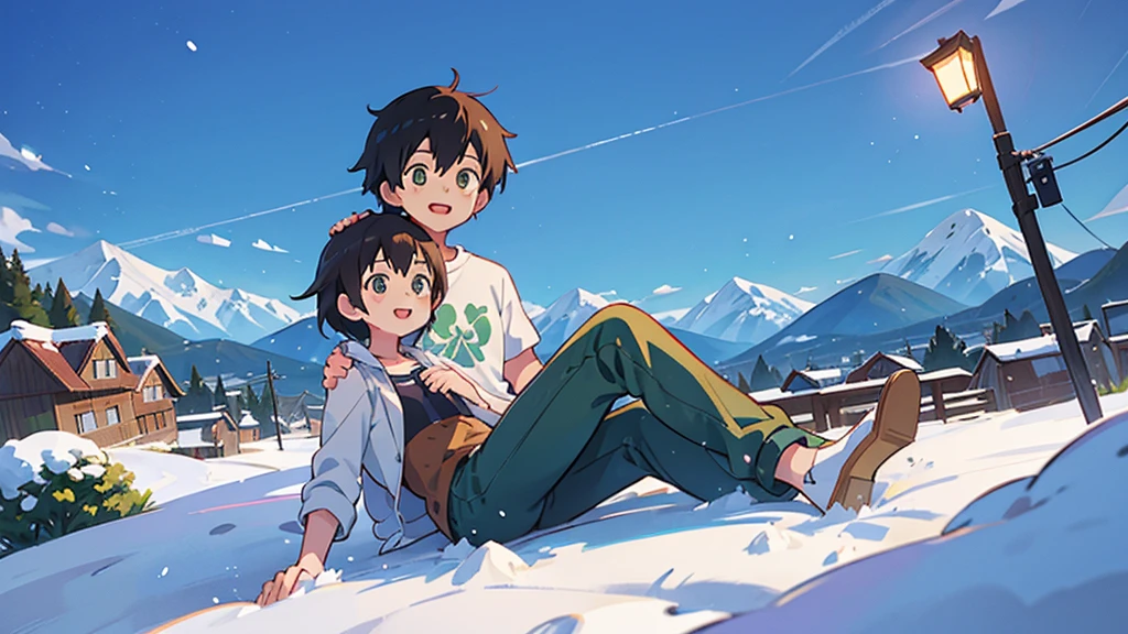 A boy and a girl sitting smiling happily with their backs turned in a village surrounded by mountains covered with white snow, scene developed in a town full of snow, an image of Makoto Shinkai, trend on pixiv, conceptual art, guweiz style artwork, Guweiz and Makoto Shinkai, Sakimichan and Makoto Shinkai, ( ( Makoto Shinkai ) ) beautiful anime scene. Kawaii Design, body details (ultra quality 4k) (many details) Closeup of their faces, big smiles and eyes details of faces ultra details