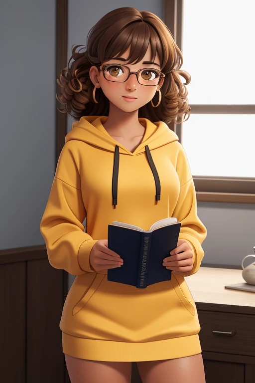 Masterpiece,8k, perfect face highly detailed,HDR, ultra realistic photoshoot, absurdres,award winning photo, extremely detailed, amazing, fine detail, 1girl, solo, 20 year old college student, she has tan-bronze skin with some freckles, short curly black hair with orange highlights, amber colored eyes, (she's wearing a yellow hoodie, black pencil skirt, reading glasses)
