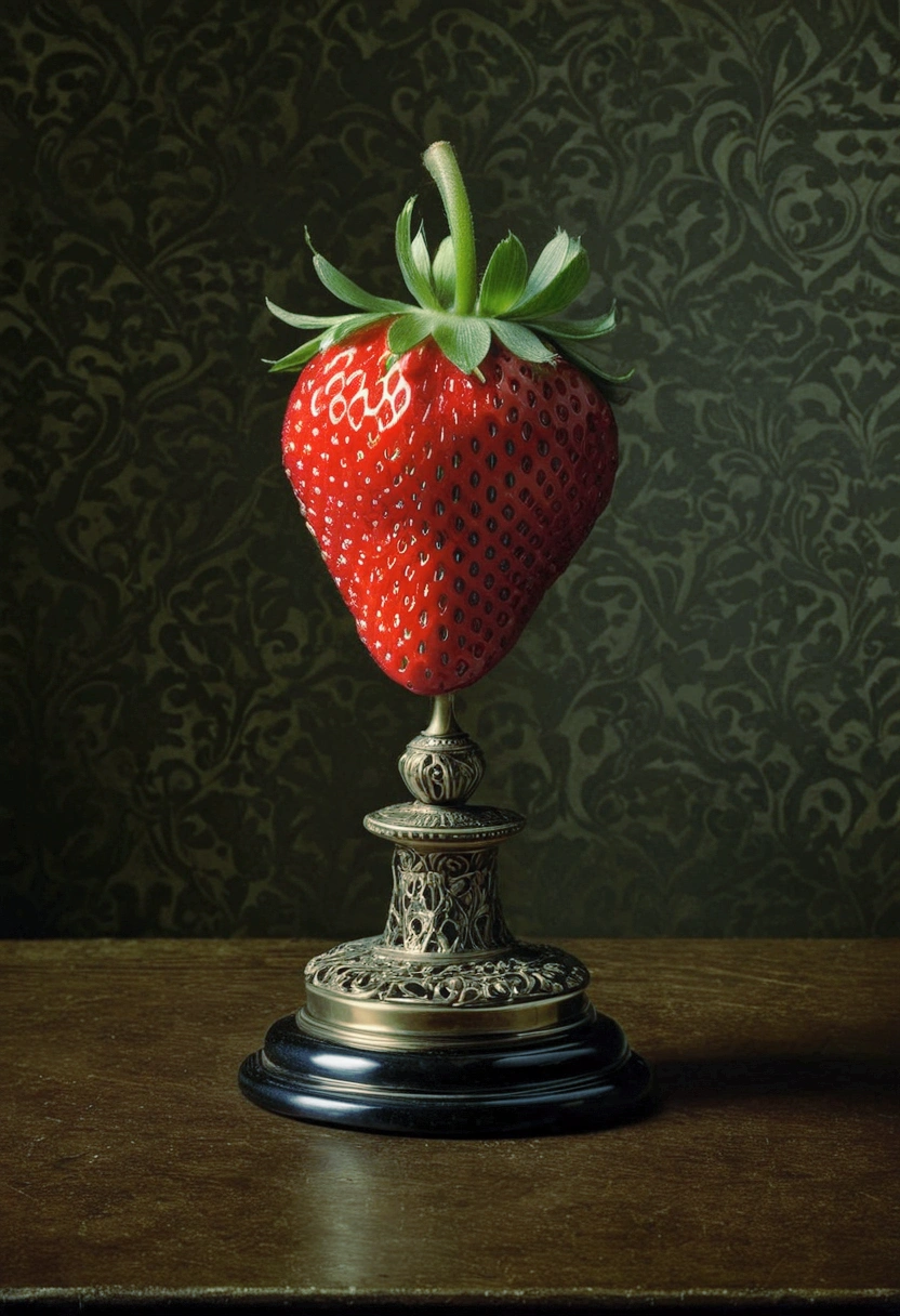 A Strawberry, by Chiho Aoshima, cinematic still, chiaroscuro, dynamic, (best quality, masterpiece, photorealistic), very aesthetic, perfect composition, intricate details, ultra-detailed, vivid colors