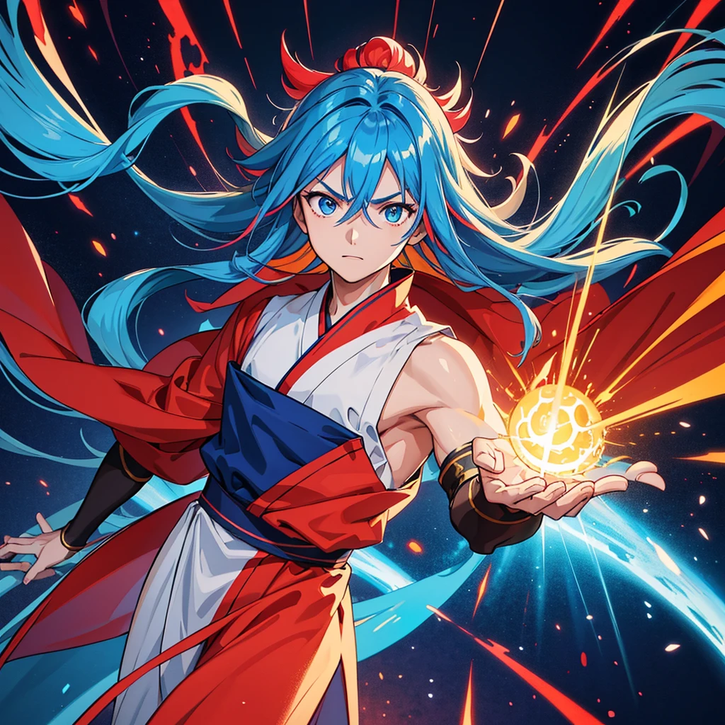 A 23 year old man with long blue hair, wearing a blue hanfu. Serious expression sharp eyes Raise your hands to the sky A large fireball in the palm red atmosphere Doomsday atmosphere Fantasy void background, special effects, multicolored tones, light particles, anime style, perfect details, highest quality, 32K Blu-ray quality.