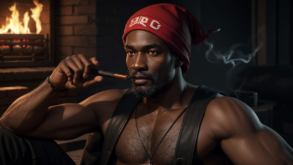 man, coal black skin, eyes like embers, one leg, smoking pipe, red cap, ultra realistic, high resolution, high quality, high resolution, ultra realistic, 8k realistic