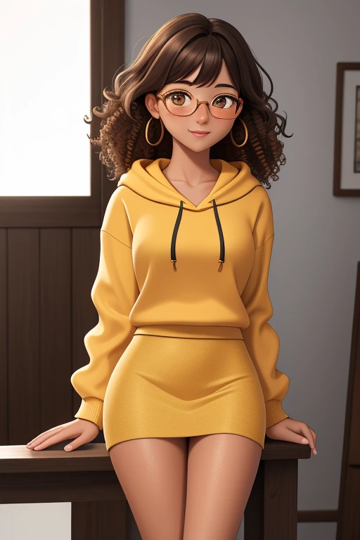 Masterpiece,8k, perfect face highly detailed,HDR, ultra realistic photoshoot, absurdres,award winning photo, extremely detailed, amazing, fine detail, 1girl, solo, 20 year old college student, she has tan-bronze skin with some freckles, short curly black hair with orange highlights, amber colored eyes, (she's wearing a yellow hoodie, black pencil skirt, reading glasses)