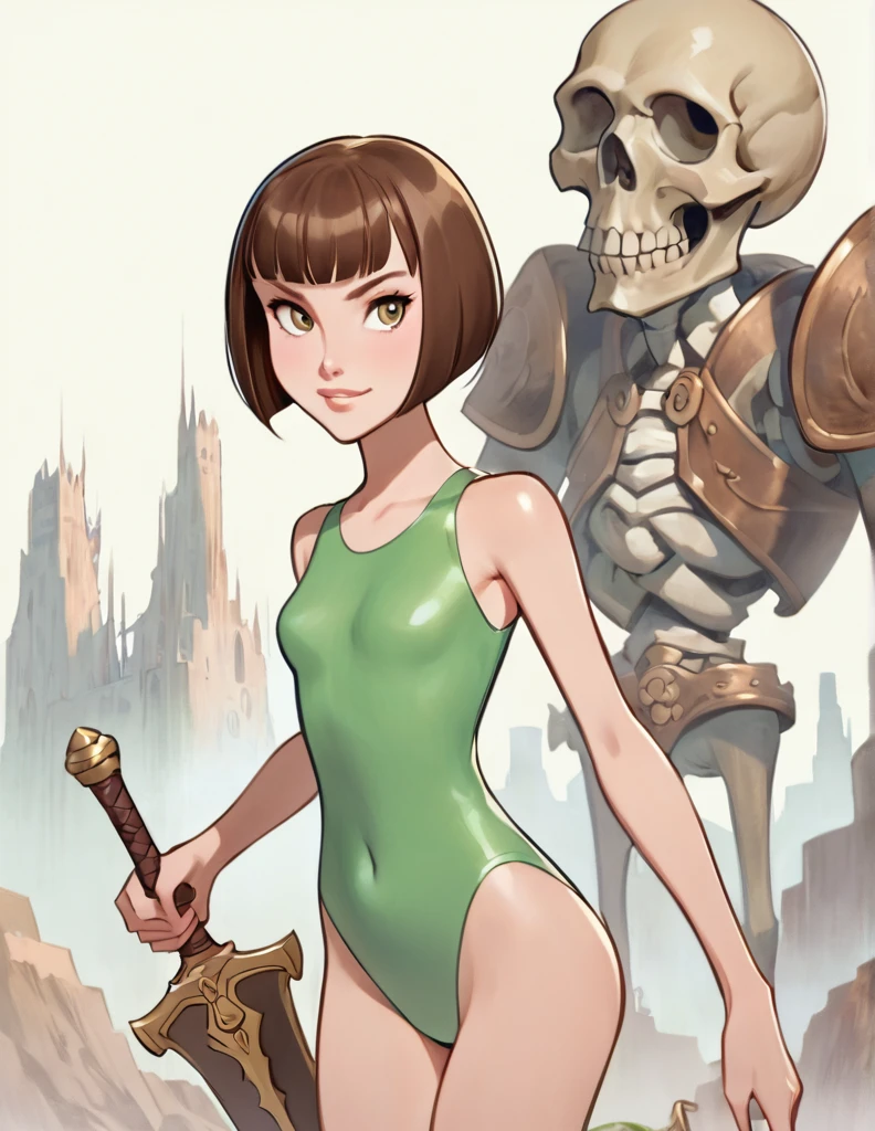 (Cartoon character) lanky  young woman, short cut brown  bangs hair. Wearing a green leotard.. She carries a wide great sword on her back. A round bronze shoulder armor on her left shoulder. A  giant skull is looming behind her