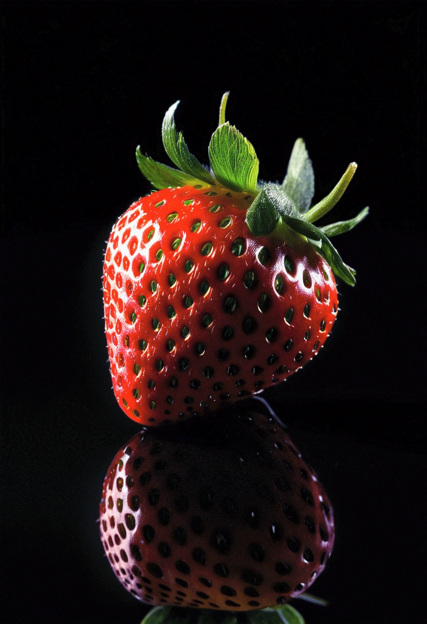 A Strawberry, by Miki Asai, cinematic still, chiaroscuro, dynamic, (best quality, masterpiece, photorealistic), very aesthetic, perfect composition, intricate details, ultra-detailed, vivid colors