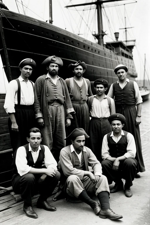 Help me make a picture like old photograph from contemporary times of a crew of people dressed in worn out outfits like pirate sailors and paupers on a ship