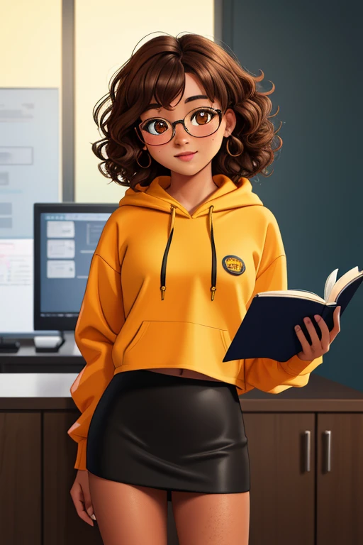 Masterpiece,8k, perfect face highly detailed,HDR, ultra realistic photoshoot, absurdres,award winning photo, extremely detailed, amazing, fine detail, 1girl, solo, 20 year old college student, she has tan-bronze skin with some freckles, short curly black hair with orange highlights, amber colored eyes, (she's wearing a yellow hoodie, black pencil skirt, reading glasses)
