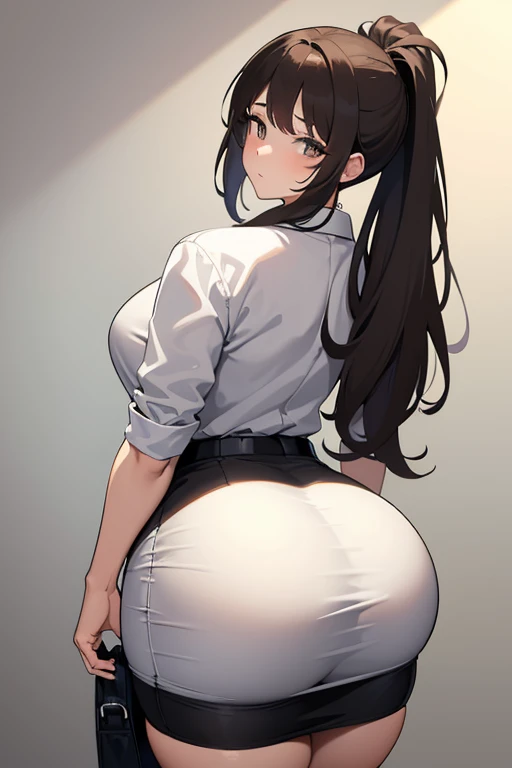 Woman , Hair brown , Hair tied in a long ponytail , Front bangs covering the eyes , class scenarios , white dress shirt tight , short black skirt , huge ass , huge thighs wide hips , thin waist