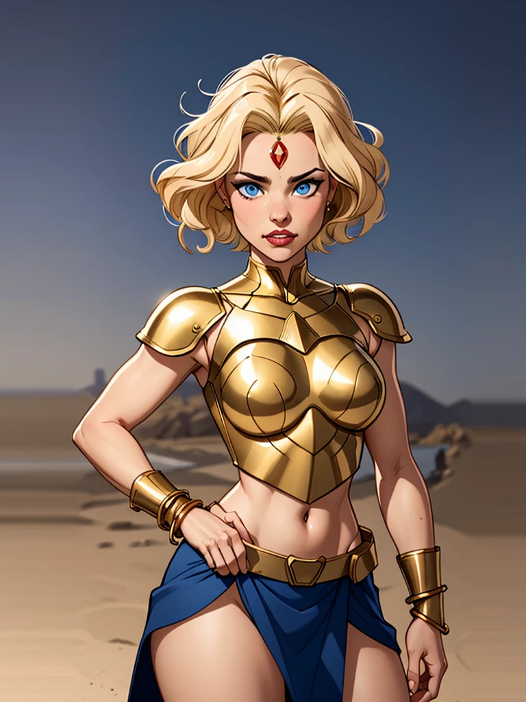 Hot blonde girl, with short hair, blue eyes, Wearing a bronze-colored breastplate, wearing golden bracelets, wearing a blue-colored gladiator skirt, wearing a tiara fixed on her forehead