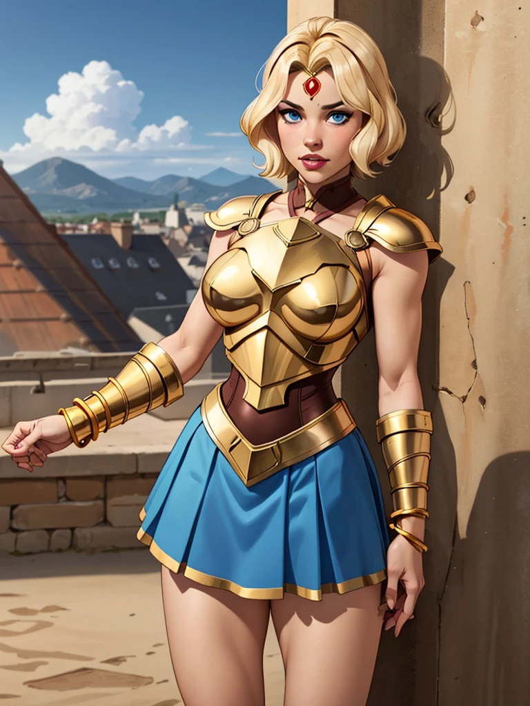 Hot blonde girl, with short hair, blue eyes, Wearing a bronze-colored breastplate, wearing golden bracelets, wearing a blue-colored gladiator skirt, wearing a tiara fixed on her forehead