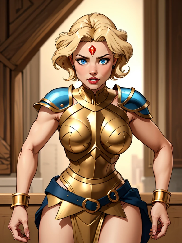 Hot blonde girl, with short hair, blue eyes, Wearing a bronze-colored breastplate, wearing golden bracelets, wearing a blue-colored gladiator skirt, wearing a tiara fixed on her forehead 