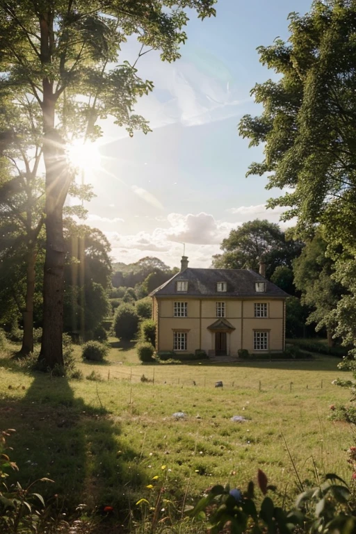 A wide shot of the sun shining over a dense forest, with a pretty country house in sight.