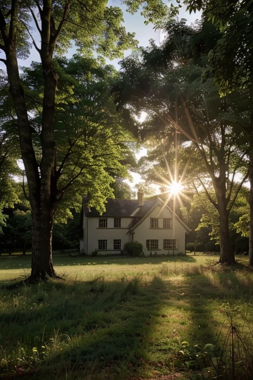 A wide shot of the sun shining over a dense forest, with a pretty country house in sight.