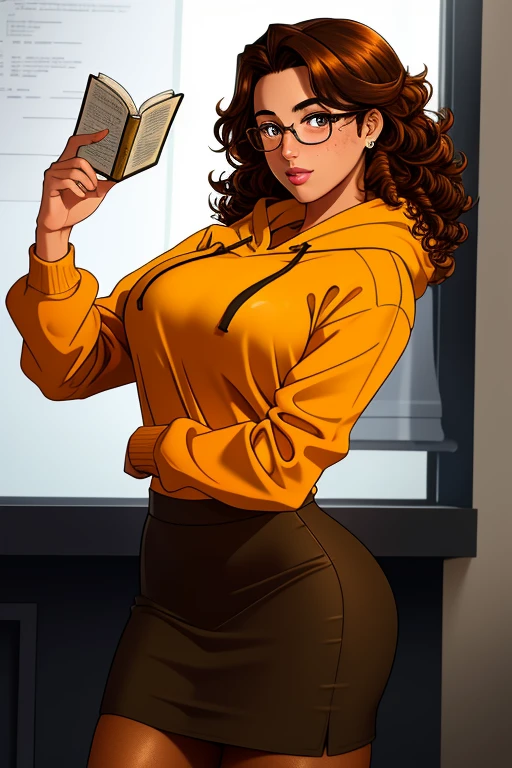 Masterpiece,8k, perfect face highly detailed,HDR, ultra realistic photoshoot, absurdres,award winning photo, extremely detailed, amazing, fine detail, 1girl, solo, 20 year old college student, she has tan-bronze skin with some freckles, short curly black hair with orange highlights, amber colored eyes, (she's wearing a yellow hoodie, black pencil skirt, reading glasses)