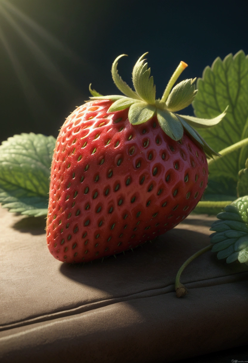 A Strawberry, by Chiho Aoshima, cinematic still, chiaroscuro, dynamic, (best quality, masterpiece, photorealistic), very aesthetic, perfect composition, intricate details, ultra-detailed, vivid colors