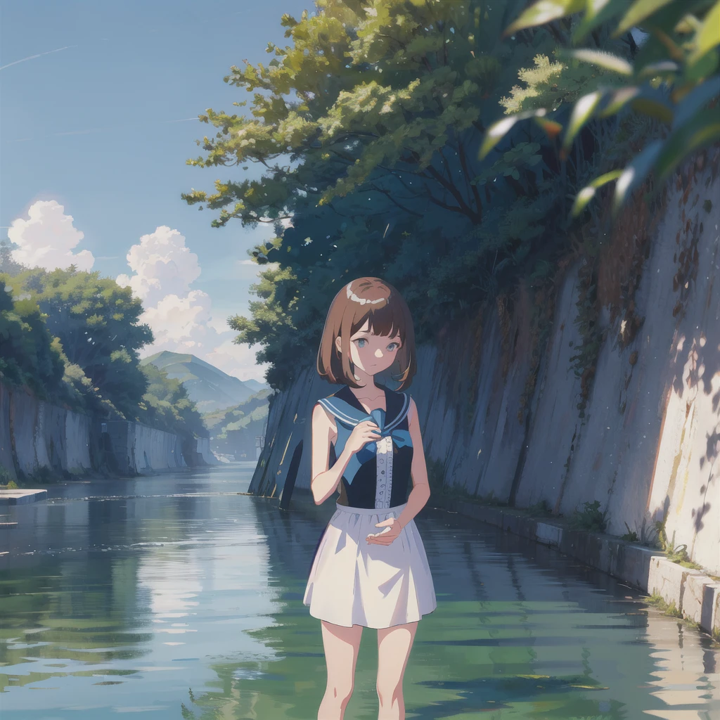 no humans, scenery, vanishing point, from below, masterpiece, best quality, 8k, absurdres, water surface, summer, noon, sunlight, blue sky, perspective, depth of field, highres, finely detail, ultra-detailed, sharp focus, girl standing