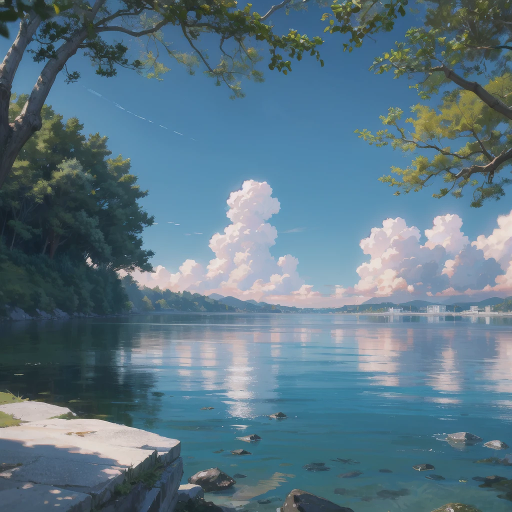 no humans, scenery, vanishing point, from below, masterpiece, best quality, 8k, absurdres, water surface, summer, noon, sunlight, blue sky, perspective, depth of field, highres, finely detail, ultra-detailed, sharp focus, girl standing