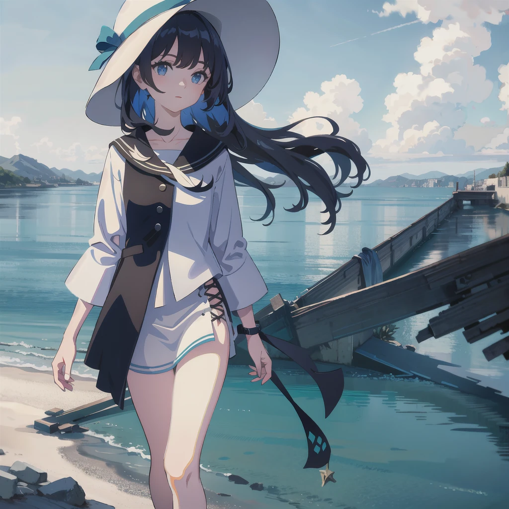 no humans, scenery, vanishing point, from below, masterpiece, best quality, 8k, absurdres, water surface, summer, noon, sunlight, blue sky, perspective, depth of field, highres, finely detail, ultra-detailed, sharp focus, girl standing