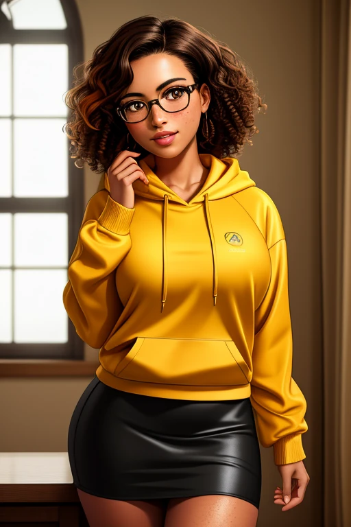Masterpiece,8k, perfect face highly detailed,HDR, ultra realistic photoshoot, absurdres,award winning photo, extremely detailed, amazing, fine detail, 1girl, solo, 20 year old college student, she has tan-bronze skin with some freckles, short curly black hair with orange highlights, amber colored eyes, (she's wearing a yellow hoodie, black pencil skirt, reading glasses)