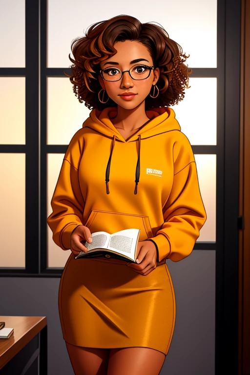 Masterpiece,8k, perfect face highly detailed,HDR, ultra realistic photoshoot, absurdres,award winning photo, extremely detailed, amazing, fine detail, 1girl, solo, 20 year old college student, she has tan-bronze skin with some freckles, short curly black hair with orange highlights, amber colored eyes, (she's wearing a yellow hoodie, black pencil skirt, reading glasses)