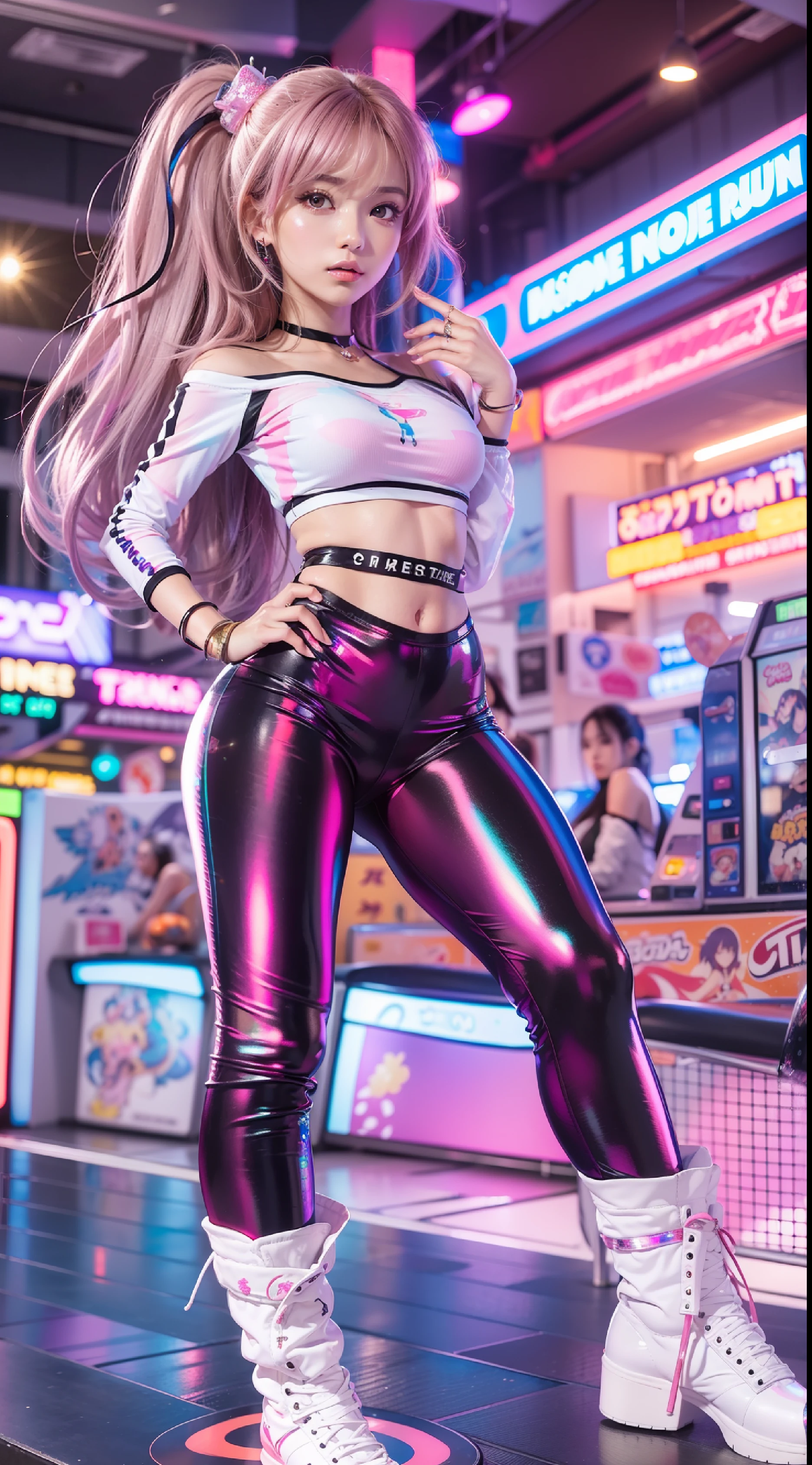 ((masutepiece)), Best Quality, absurderes, ultra-detailliert, Holographic, Cowboy Shot, Golden ratio, Super cute girl, Mature girl, Idol girl, Super beautiful asian girl with very beautiful purple glowing eyes, Beautiful shiny brown multicolored hair, High Ponytail, Nice and sexy body, Slim body, Perfect body, Wearing a super tight anime pattern leotard, Anime Print Super Tight Off Shoulder Long Sleeve Crop Top, Super aesthetic transparent mini jacket, beautiful hair decoration, Pink Jordan Tennis, with black and messy shiny hair,, In arcade games