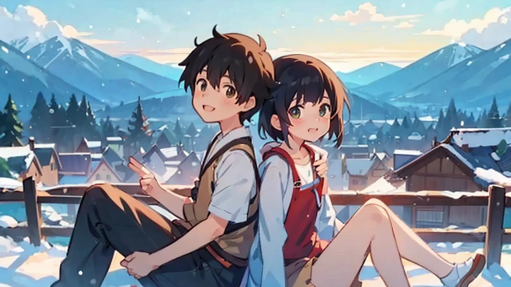 A boy and a girl sitting smiling happily with their backs turned in a village surrounded by mountains covered with white snow, scene developed in a town full of snow, an image of Makoto Shinkai, trend on pixiv, conceptual art, guweiz style artwork, Guweiz and Makoto Shinkai, Sakimichan and Makoto Shinkai, ( ( Makoto Shinkai ) ) beautiful anime scene. Kawaii Design, body details (ultra quality 4k) (many details) closeup of their faces and half body, details in hands, big smiles and eyes details of faces ultra details, details on the hands and fingers