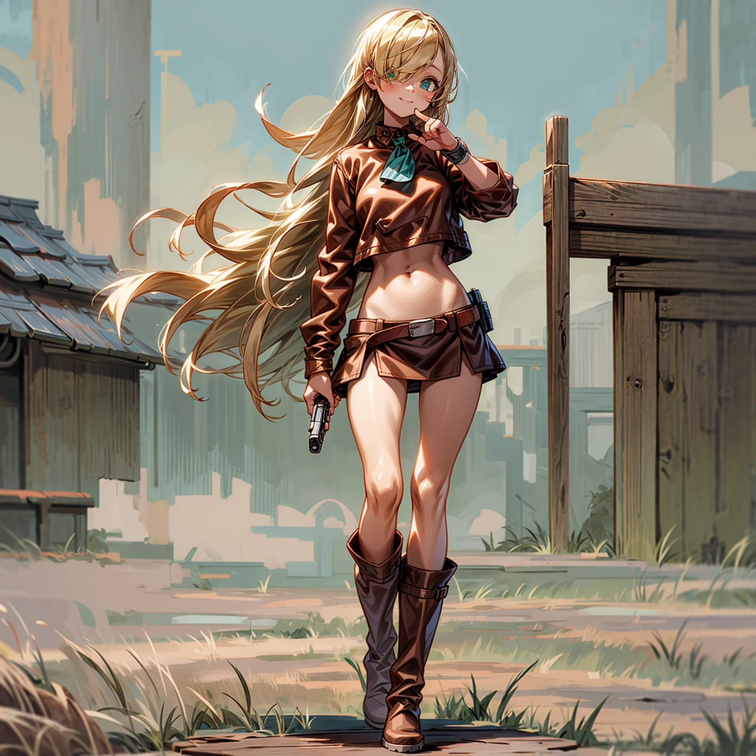 Solo character, full body version, baby ??? girl, blonde hair, long haircut, one eye covered by hair, green eyes, cute face, sad eyes, smile mouth, crop top, Brown leather jacket, long skirt, bandage around the neck, bandage on the hand, boots, standing gesture, hand gun in hand, outdoor, town, skyblue, detailed background, detailed clothing, detailed hair, detailed face