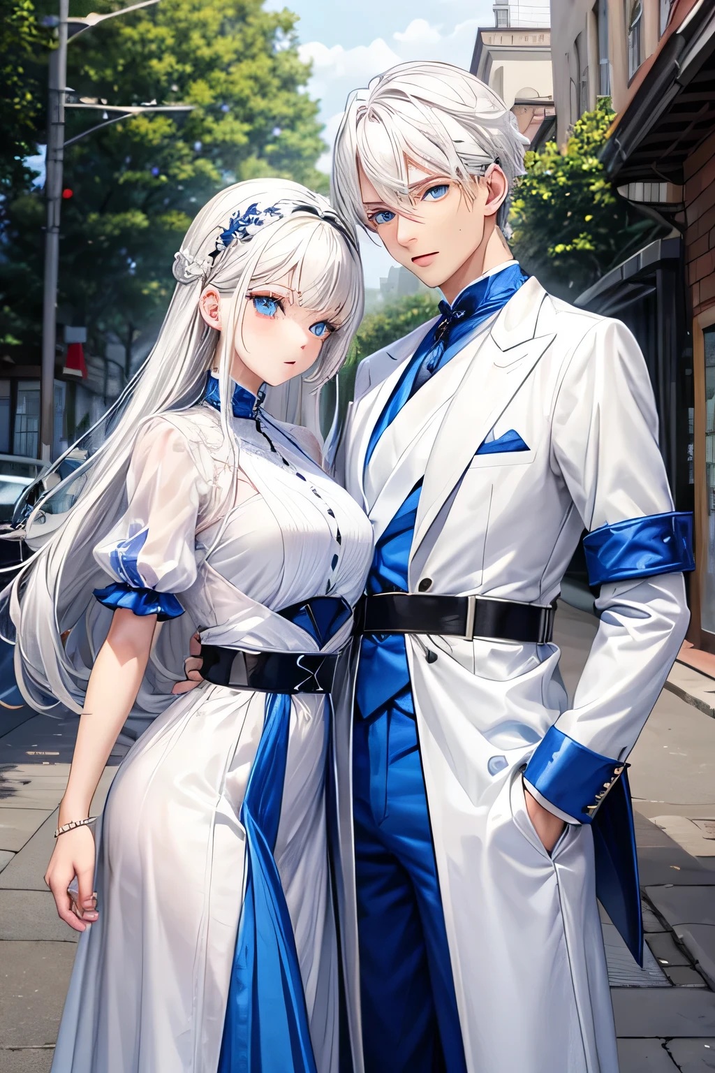 Couple, white hair, blue eyes, twin outfit