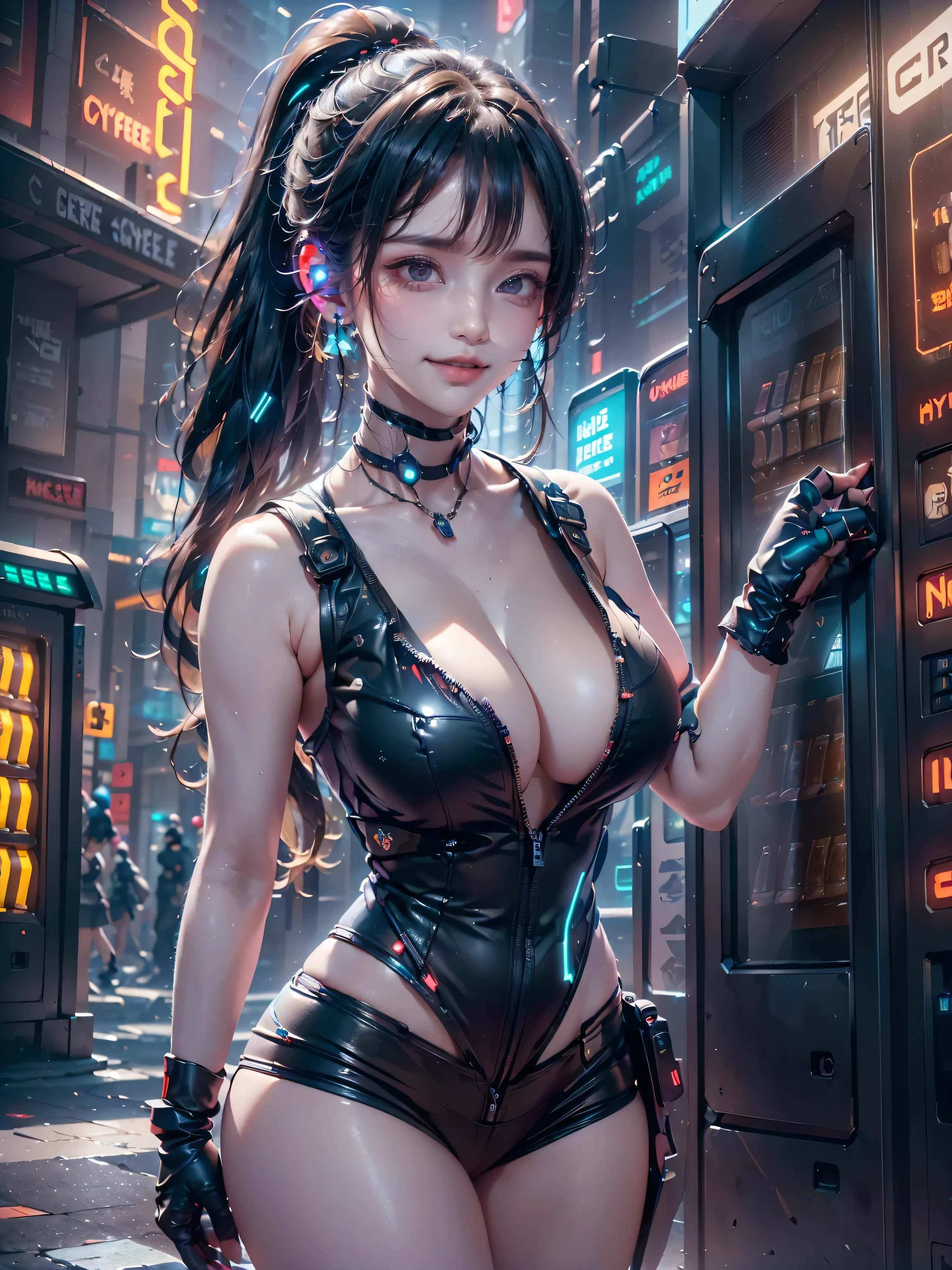((16K)),((masterpiece:1.3)), ((Highest quality)), ((Ultra-high resolution)), (Very detailed), (Realistic, photoRealistic:1.4), Perfect lighting,((Side light)), Written boundary depth, Surrealism,photo shoot, No makeup, Film Grain, chromatic aberration, Sharp focus, Face Light,((Beautiful detailsまでこだわった髪)),((Beautiful eyelashes)), Beautifully detailed face, Beautiful details, Beautiful clavicle, Beautiful body, Thin legs,Beautiful breasts, Pointed Chest,Beautiful legs, ((Detailed and carefully drawn hand)), Cleavage, Perfect Anatomy, Supermodel with a long neck,((Skinny1.3)),23 years old,Looking into the camera,(Perfect Anatomy,Anatomically correct, Very detailed肌), Glowing Skin,((beautiful girl:1.1)),(( large breasts :1.5)),shiny hair,((Beautiful ponytail hair)),((Mid-length hair:1.4, Wavy Hair:1.2, Black Hair),((See-through bangs:1.2)),Dainty facial structure,((Captivating smile:1.3)), ((drinking from a pint of coffee:1.3)), drink, cup, drinking,((I have a coffee mug)),((Cybermode vending machine:1.5)),((wearing Cyberpunk Gunfighter)), ((Futuristic Cyberpunk Outfit:1.2)), ((Don a futuristic ensemble with cyberpunk-inspired clothing, incorporating sleek lines and high-tech details, Gloves with Built-in Tech, Enhance the look with gloves that feature built-in tech elements, adding a sci-fi touch, Holographic Gun Holster, Carry a holographic gun holster for an avant-garde and visually striking appearance in a Hollywood-worthy action scene)),background((Background of a colorful cyberpunk Tokyo street at night. The scene features futuristic skyscrapers illuminated by neon lights and holographic advertisements. ((Flying vehicles zip through the sky)), while people in cyberpunk fashion walk the streets below, The walls of the buildings are adorned with giant digital screens displaying vibrant ads and animations. The ground is embedded with colorful LED lights, creating an ethereal and otherworldly atmosphere throughout the city)),((wide angle:1.5 )),