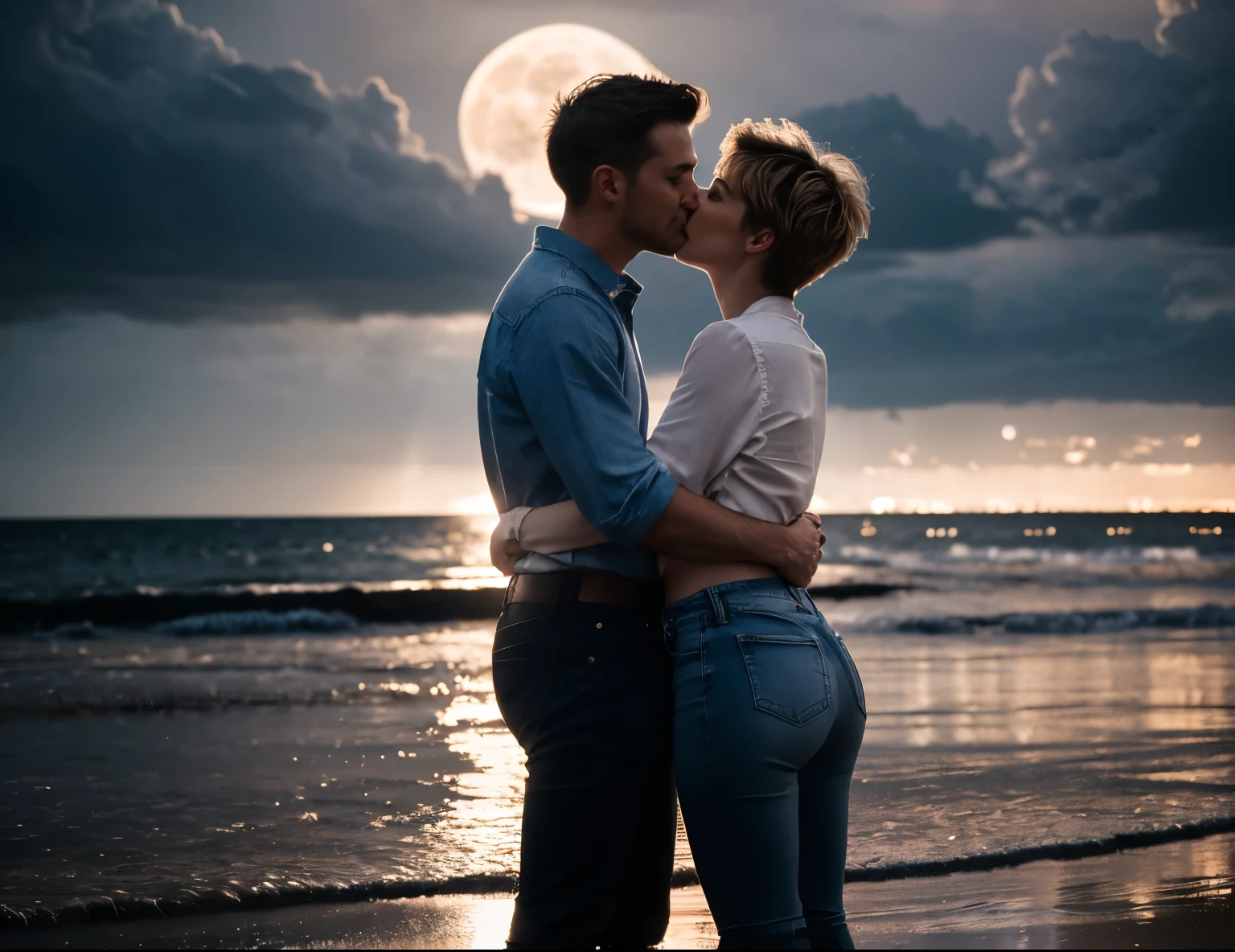 Two figures of a guy and a girl in an embrace with a kiss, a girl of small height, (Pixie haircut very short under a boy), hair straight light ash-coloured, rectangular shape of the face, hourglass figure, wearing a shirt and jeans, a guy of medium height, wearing a jeans shirt and jeans, hair dark, Standing in commitment on a sandy beach, (masterpiece), Portrait, Best quality, super high resolution, RAW-photo, Nikon D850, night, full moon, cloudy, clouds illuminated by moonlight, cinematographic lighting, backlight, rim light, on the dark background of the night river, moonlight reflected on the waves,